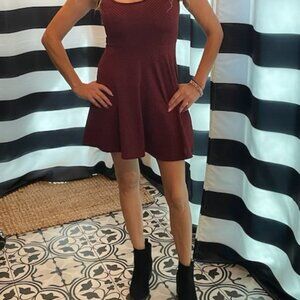 Burgundy and Black Polka Dots Mini Dress! No zipper, tag is Small but it is XS